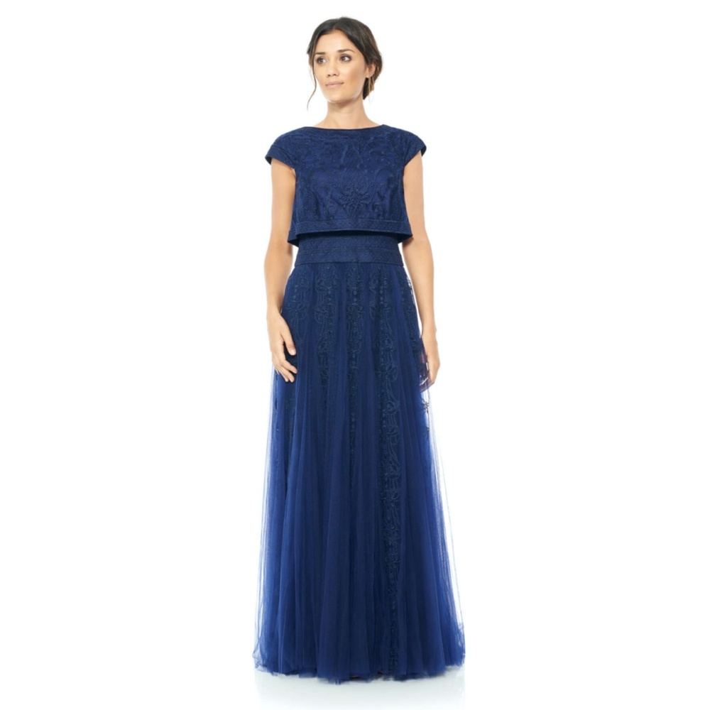 Tadashi Shoji Embroidered Tulle Crop Top Gown